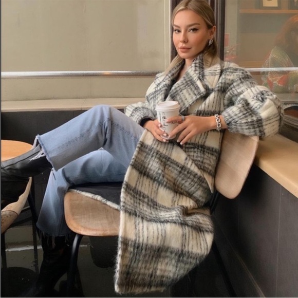 ZARA Black & White Plaid Brushed Wool Oversized Long Wool Coat - Picture 7 of 14